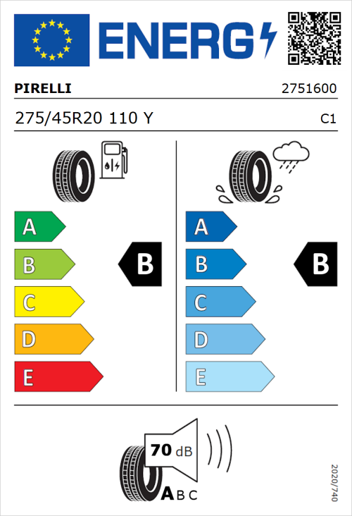 Tyre Label for Pirelli P Zero 275/45R20 110Y
