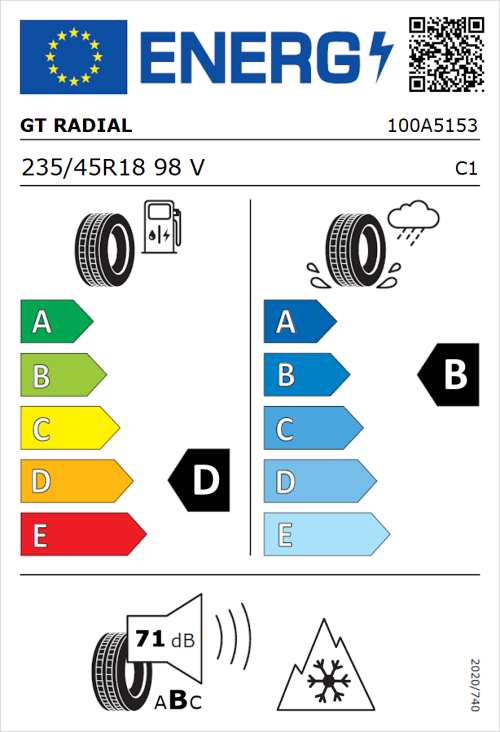 Tyre Label for GT Radial WinterPro2 Sport 235/45R18 98V