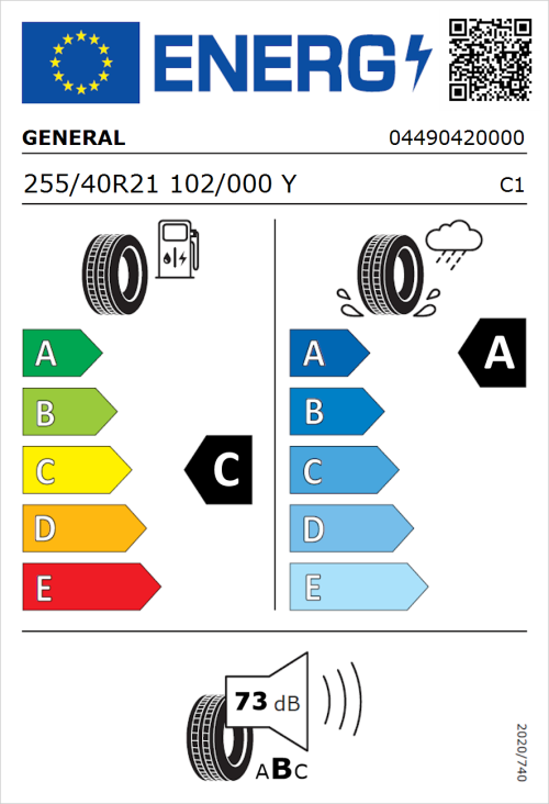 Tyre Label for General Grabber GT Plus 255/40R21 102/000Y