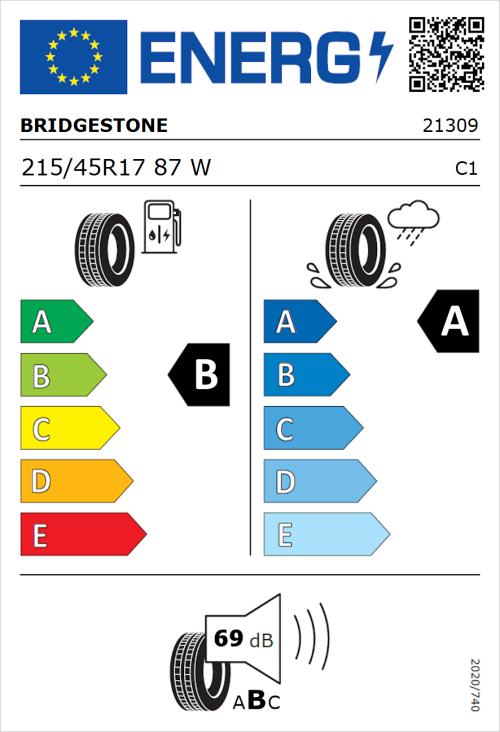 Tyre Label for Bridgestone Turanza 6 215/45R17 87W