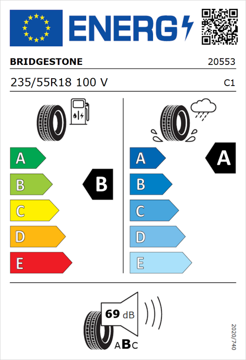 Tyre Label for Bridgestone Turanza 6 235/55R18 100V