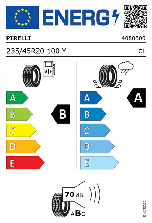 Tyre Label for Pirelli P ZERO E 235/45R20 100Y