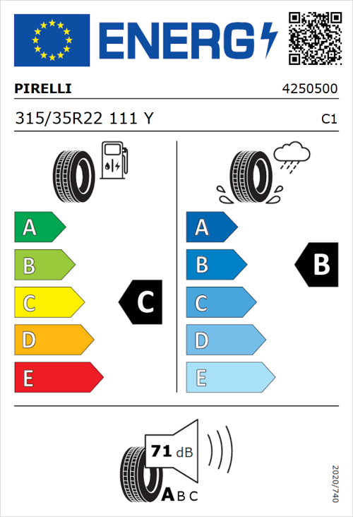 Tyre Label for Pirelli P Zero 315/35R22 111Y