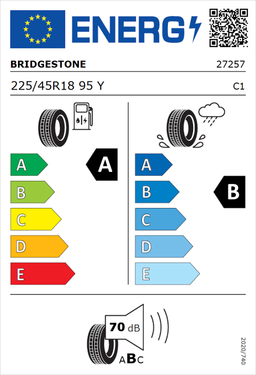 Tyre Label for Bridgestone Turanza 6 225/45R18 95Y