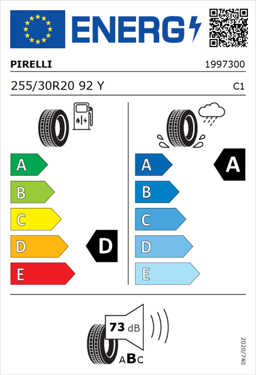 Tyre Label for Pirelli P Zero 255/30R20 92Y