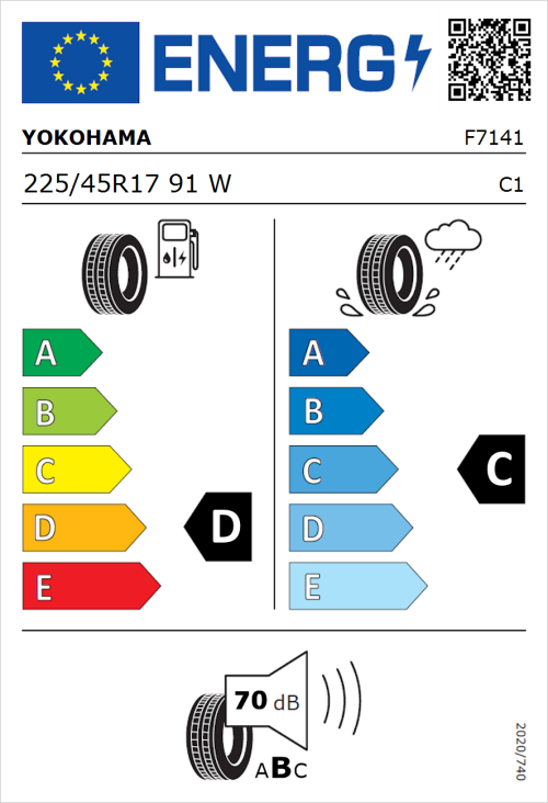 Tyre Label for Yokohama BluEarth E51 225/45R17 91W