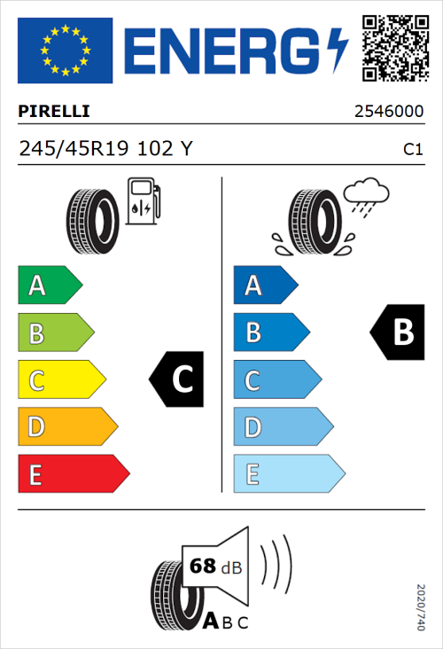 Tyre Label for Pirelli P Zero 245/45R19 102Y